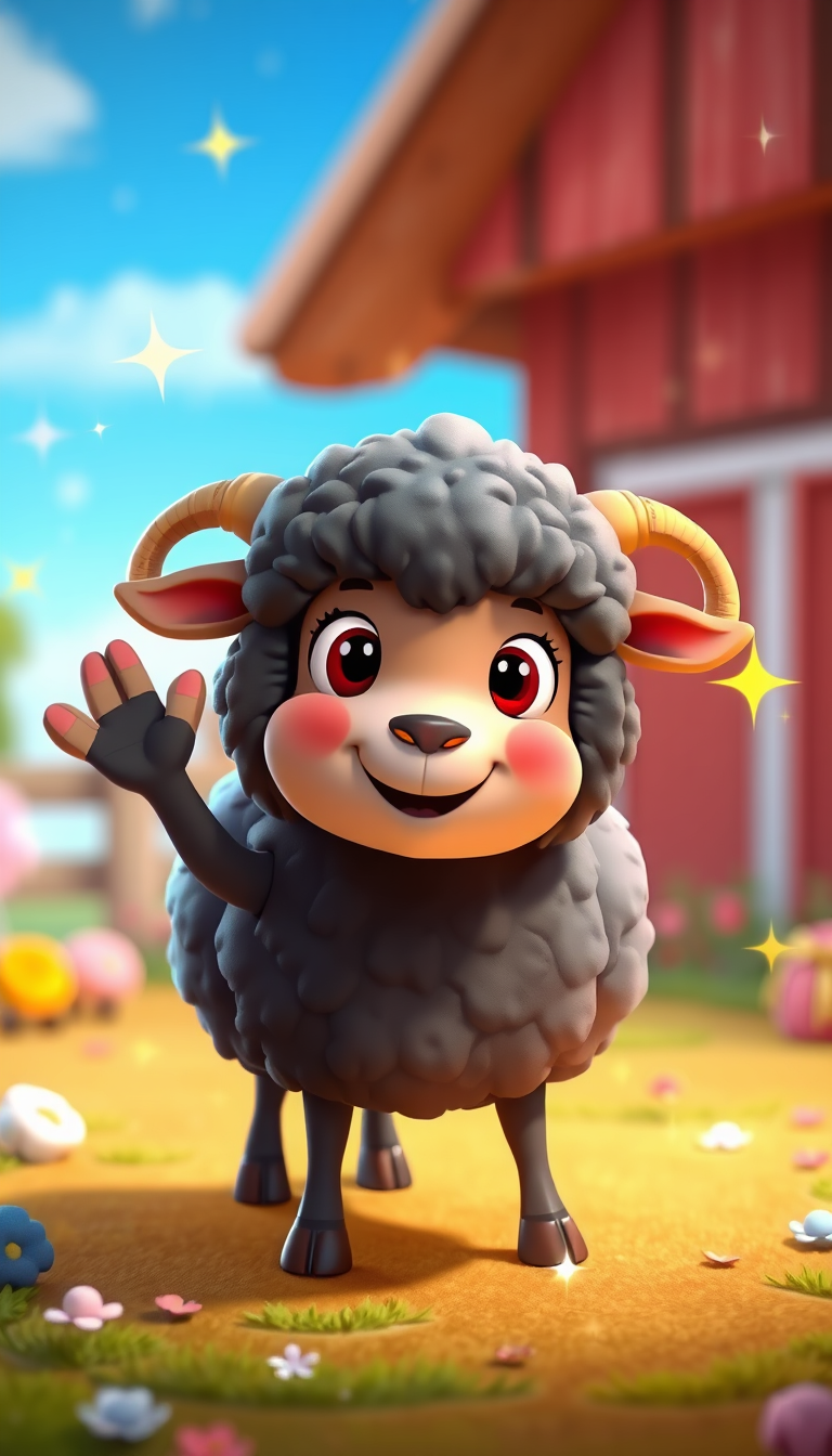 Main art studio: A cute fluffy black sheep with a friendly smiling face, big expressive eyes, small curled horns, soft 3D children's animation style, colorful cheerful