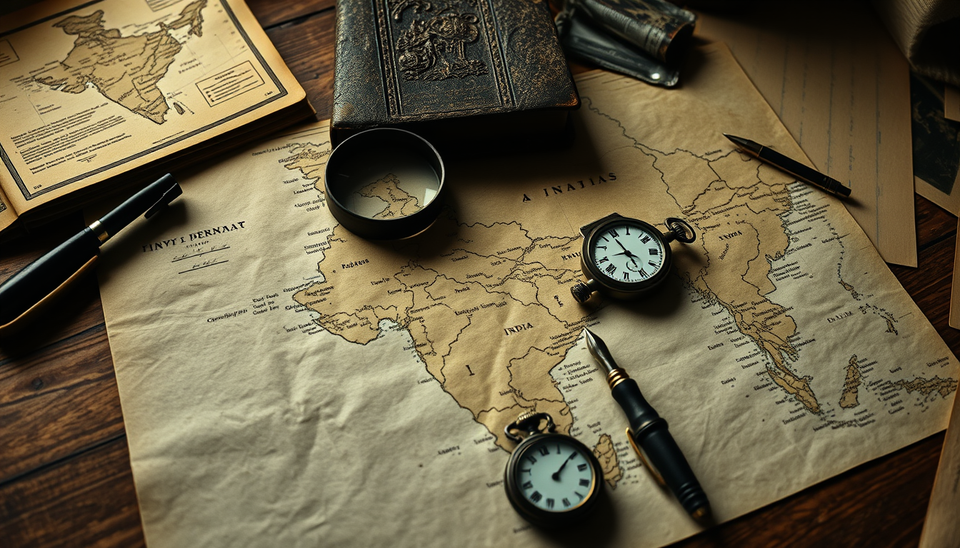 Main art studio: Ultra realistic cinematic 1940s Indian history investigation scene, antique Indian maps spread across a wooden desk, old classified British government