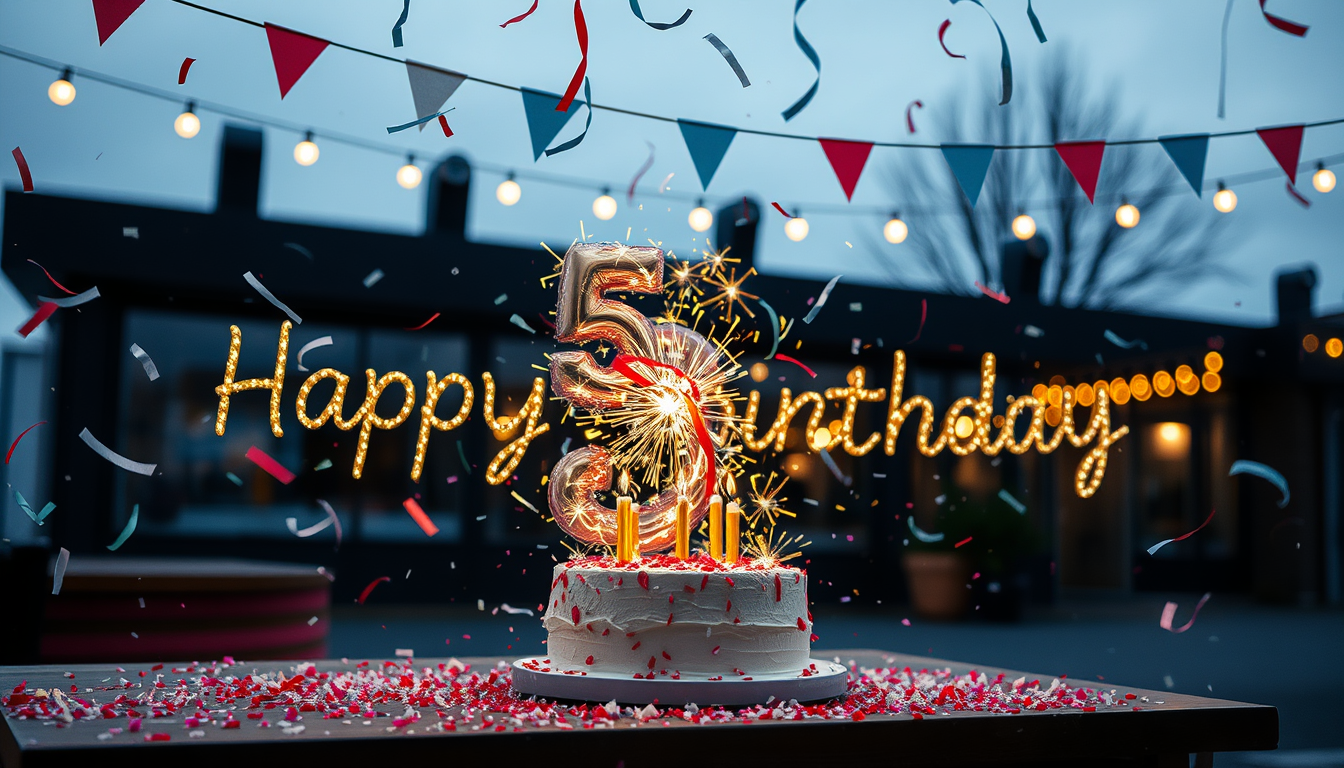 Main art studio: Kun je een leuke afbeelding maken om de 5e verjaardag te vieren van een bedrijf Ik wil graag het cijfer 5 en dan met confetti eruit of zo