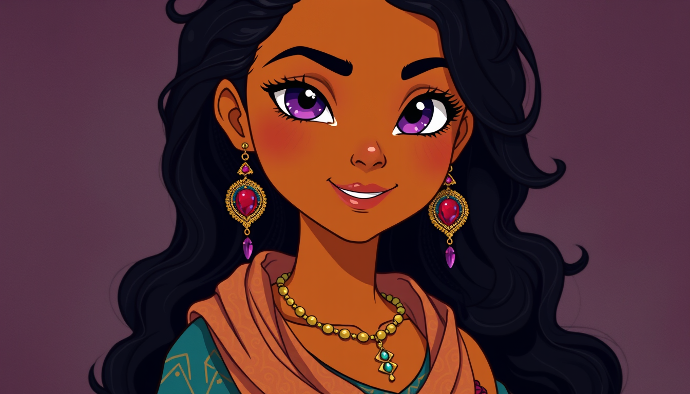 Main art studio: Zora is 5’4” (163 cm) with warm medium-brown skin, golden undertones, and long, thick black hair that’s naturally wavy with soft curls. Her amethyst-p