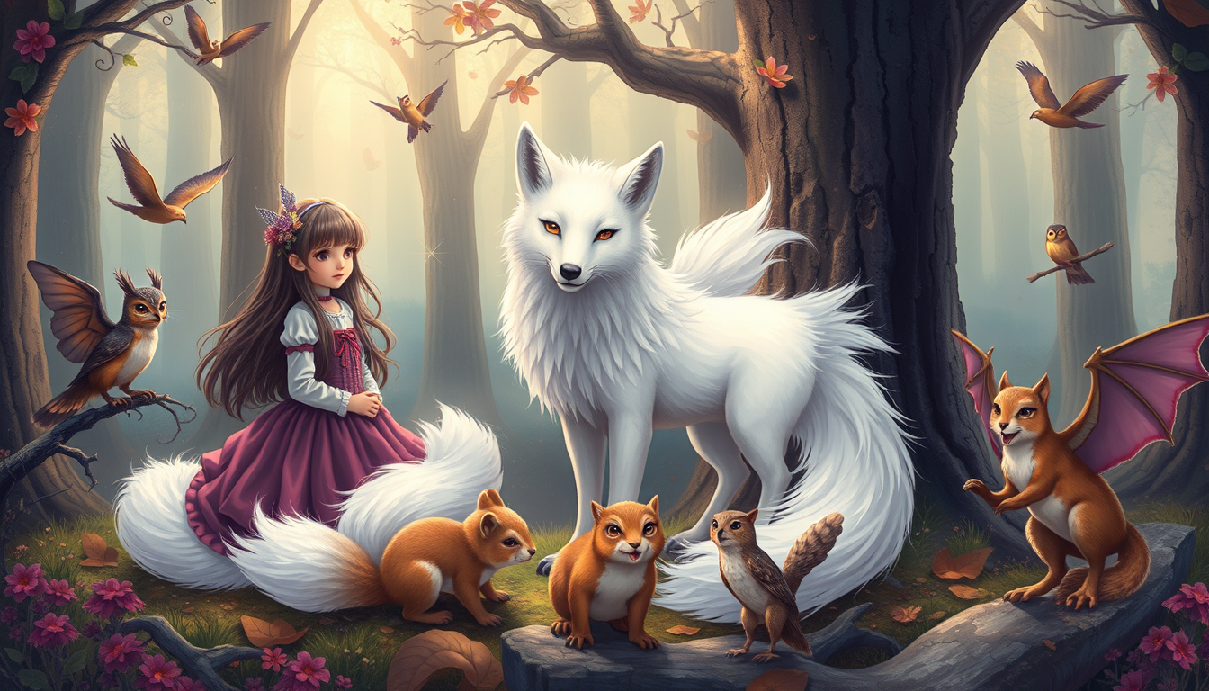 Main art studio: create a picture with two human girls, 1 white fox with 6 tails, 1 squirrel, 1 owl, 1 dragon in a magical forest, colorful