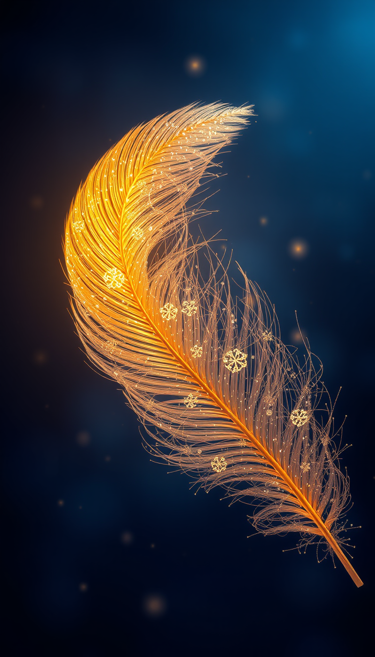 Main art studio: Une magnifique plume entièrement faite d’or pur, très détaillée, avec des reflets dorés brillants, posée délicatement sur un fond bleu nuit sombre, lu