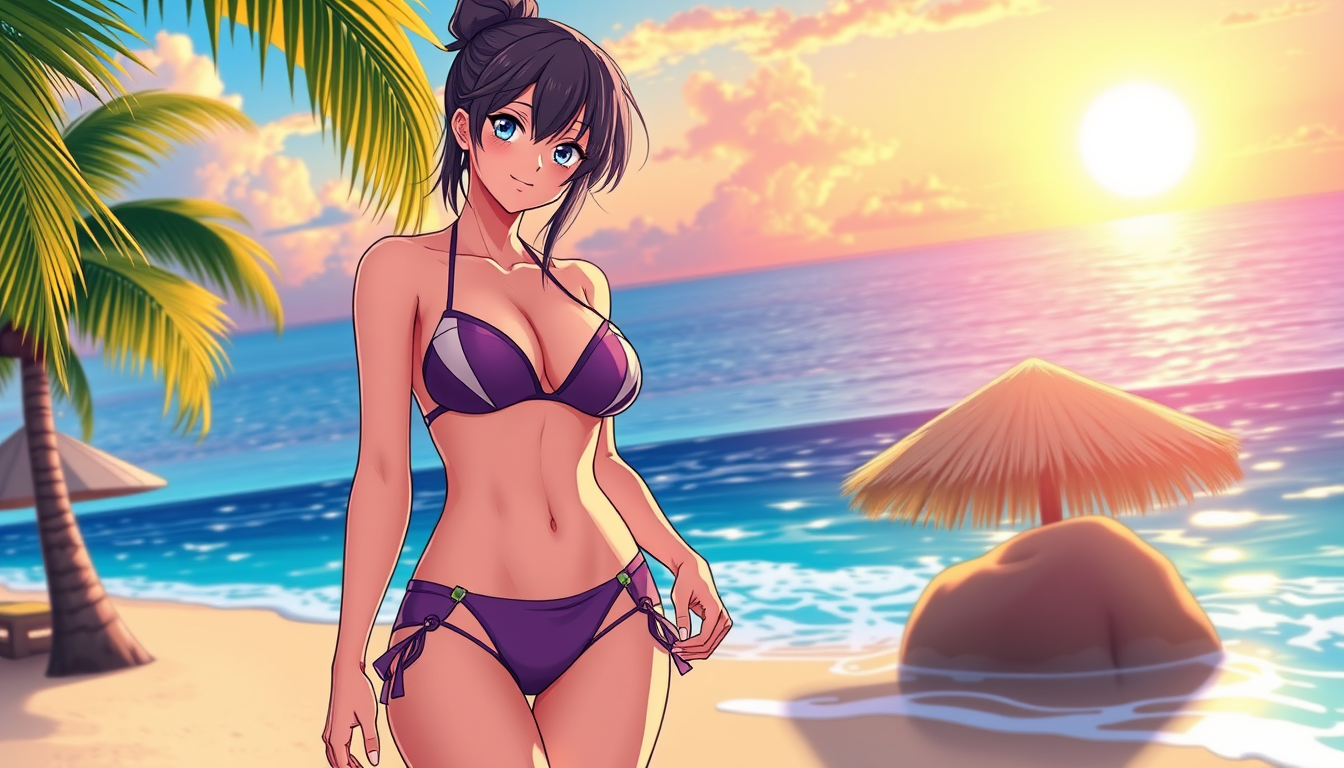 Main art studio: adult anime woman, 25 years old, wearing a stylish bikini, standing on a tropical beach, beautiful anime art, detailed, colorful, sunset