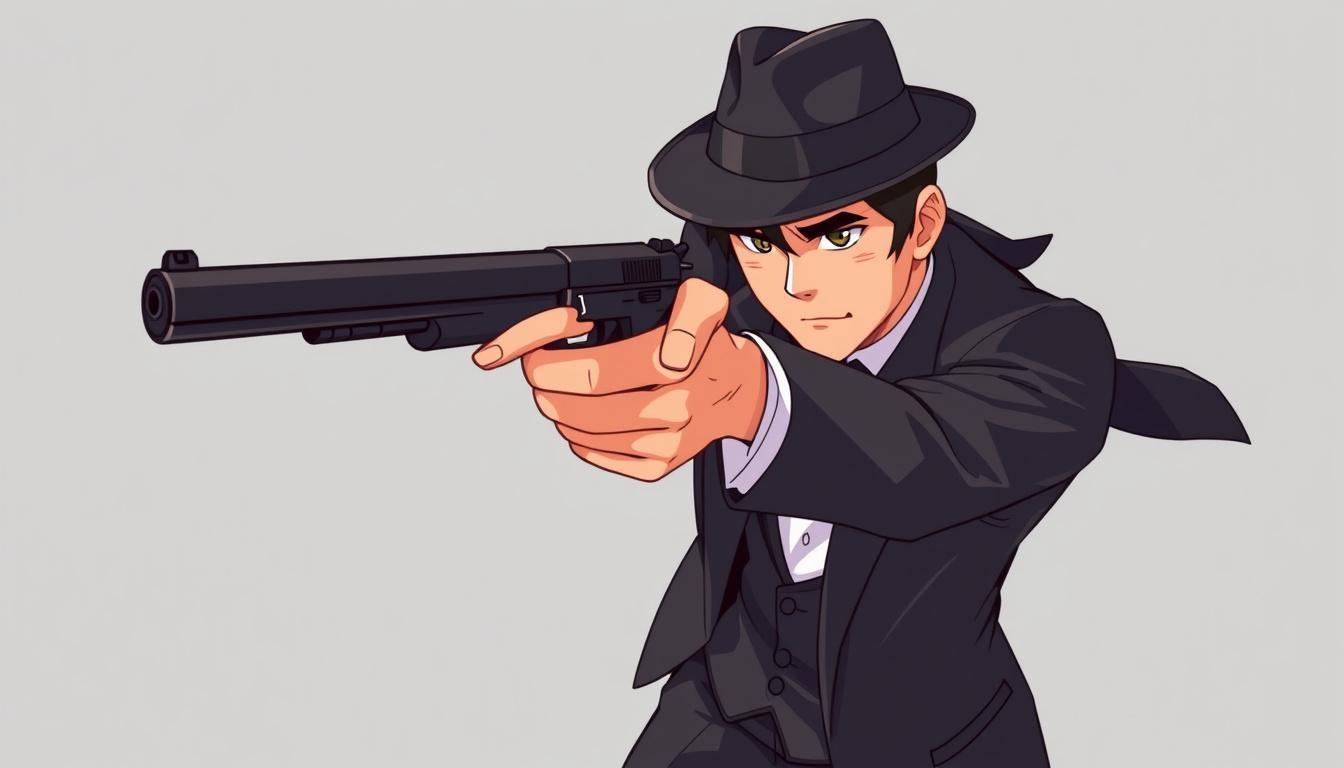 Game Asset idea: 2D game asset, clean isolated object, consistent art style, Pls make a top-view version of a pixalated Japanese P.I wearing a tuxedo,fedora and he's a