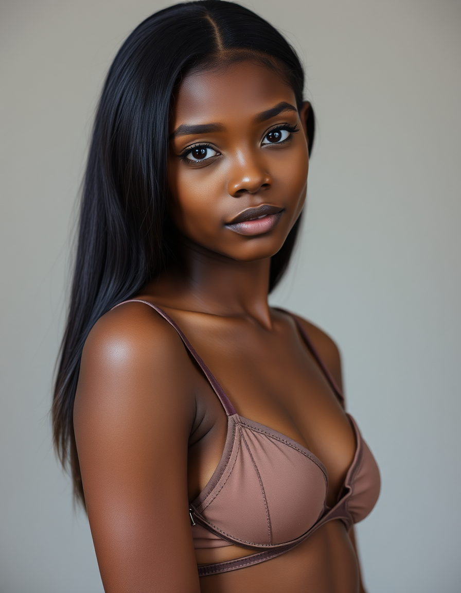 Main art studio: ebony teenager girl, skinny, bra, straight hair, portrait