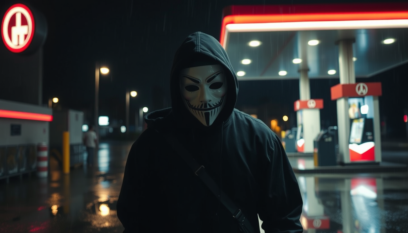 Main art studio: A mysterious masked French rapper slowly walking toward the camera in a wet gas station at night, realistic handheld camera, subtle head movement, cin