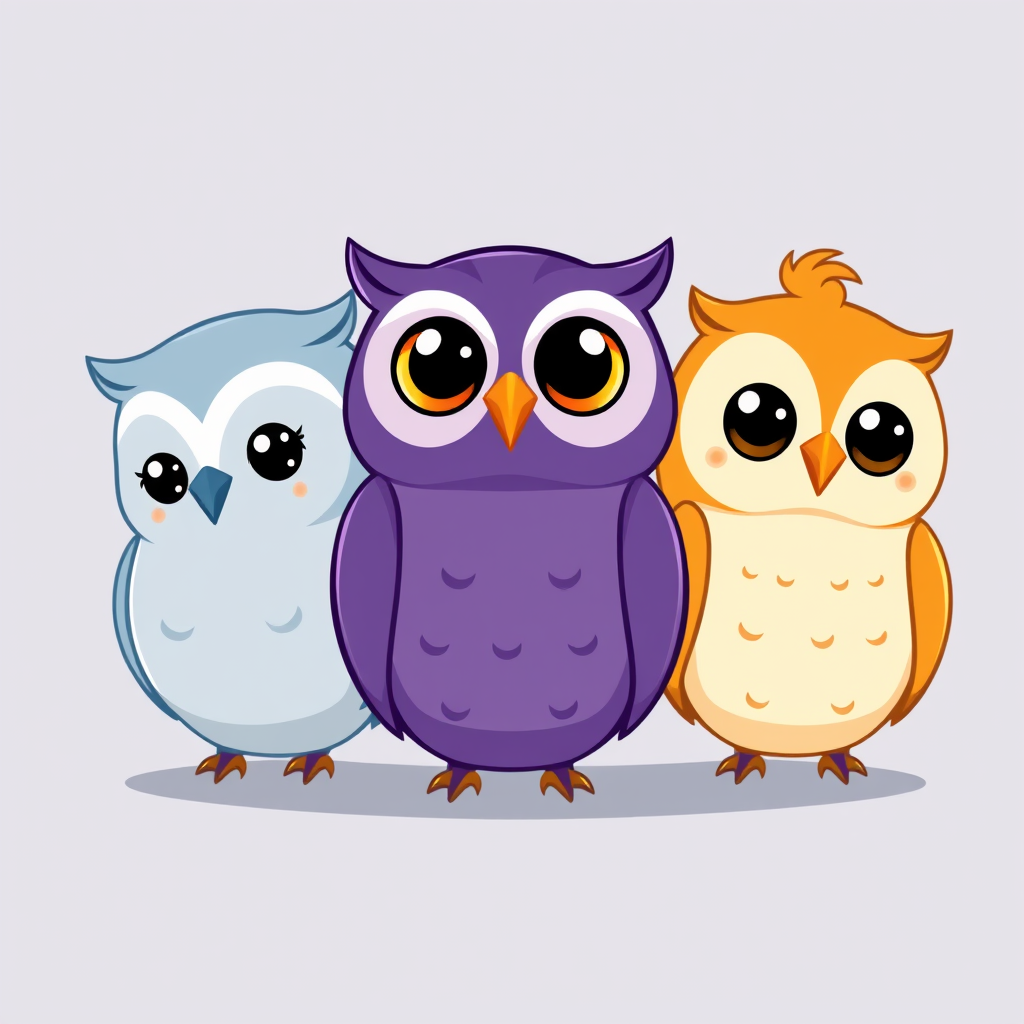 Main art studio: Modern university study app mascot, exactly three adorable cartoon owls side by side. Heads only slightly turned toward the center, with natural spaci