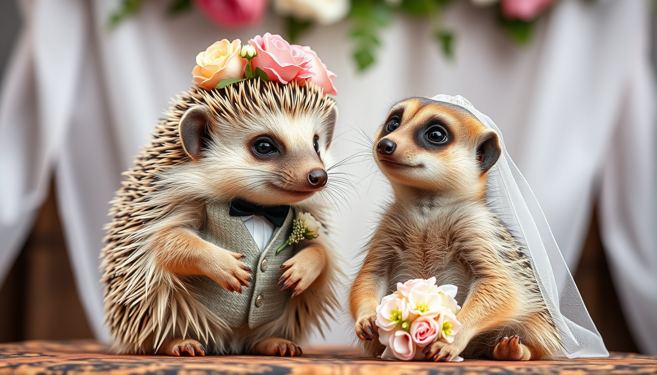 Main art studio: A wedding picture featuring a male hedgehog and a female meerkat. full view