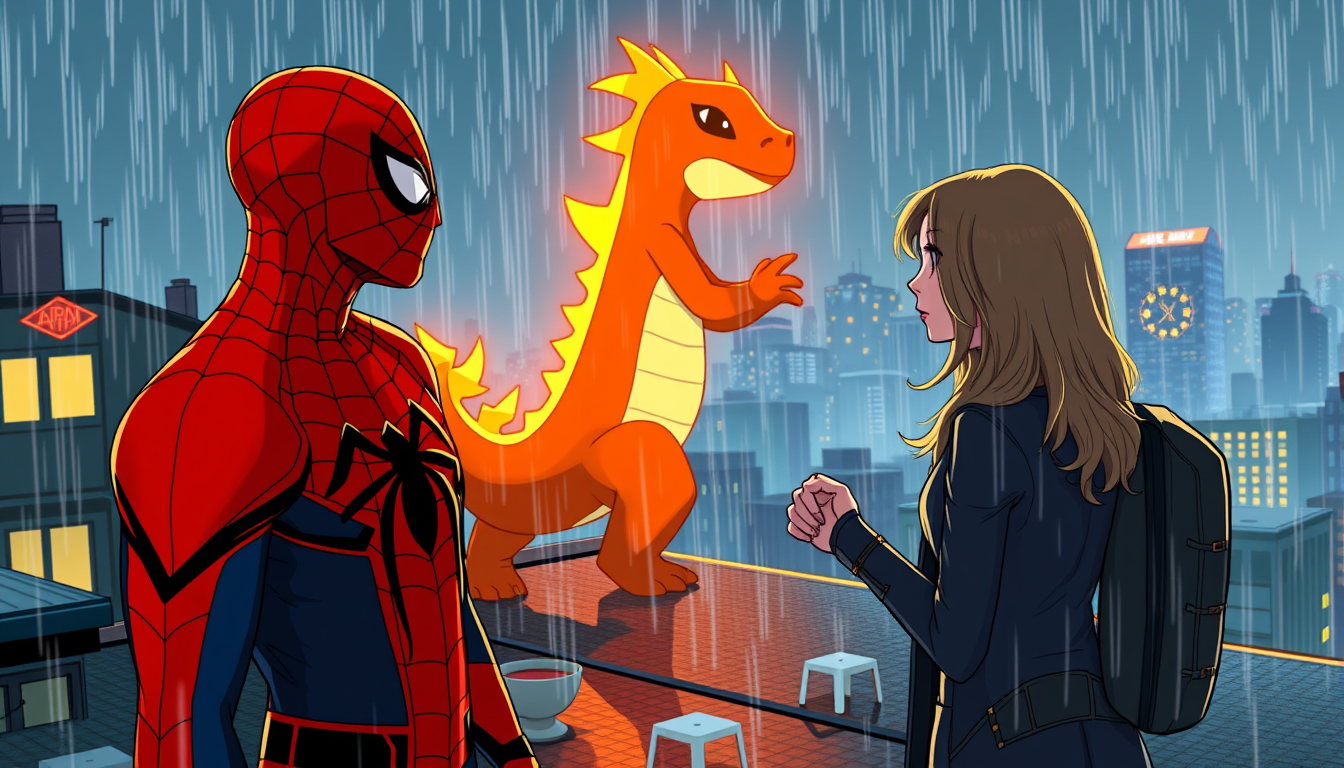 Main art studio: Spider-Man + MJ on a rainy rooftop, with Charmander's tail flame glowing in the night. 🌧️🔥