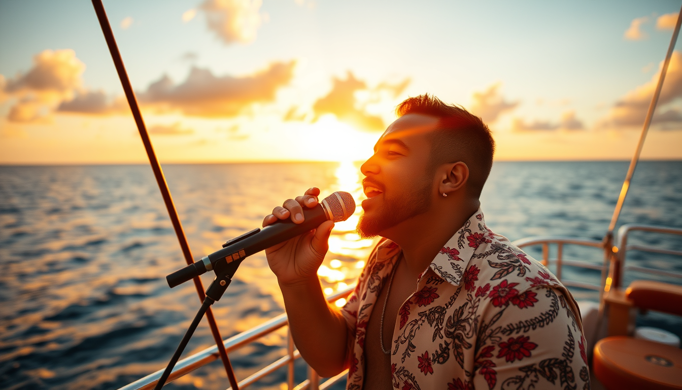 Main art studio: Ale Montero, Dominican bachata singer and artist, performing live on the deck of a boat in the middle of the open ocean, singing passionately into a m