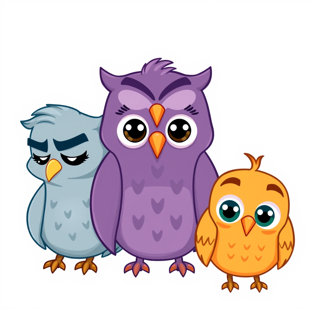 Main art studio: Three cute cartoon owls, one head each, identical beak shape and size. All eyes visible. Left blue-gray: half-lidded eyes, slightly furrowed brows, gr