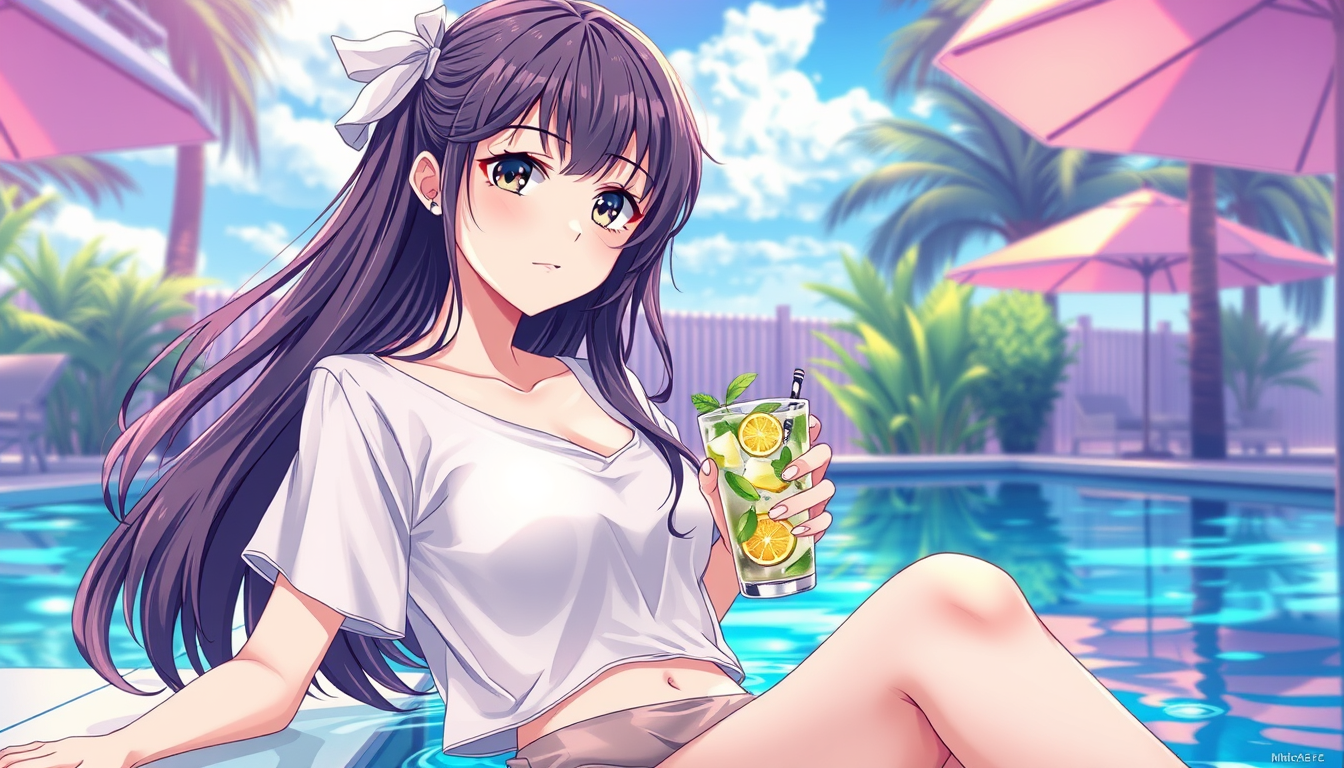 Anime idea: anime style, vibrant colors, expressive eyes, Crée moi une image version anime d’une fille de 21ans en t-shirt blanc transparent sur une bouée a la pi