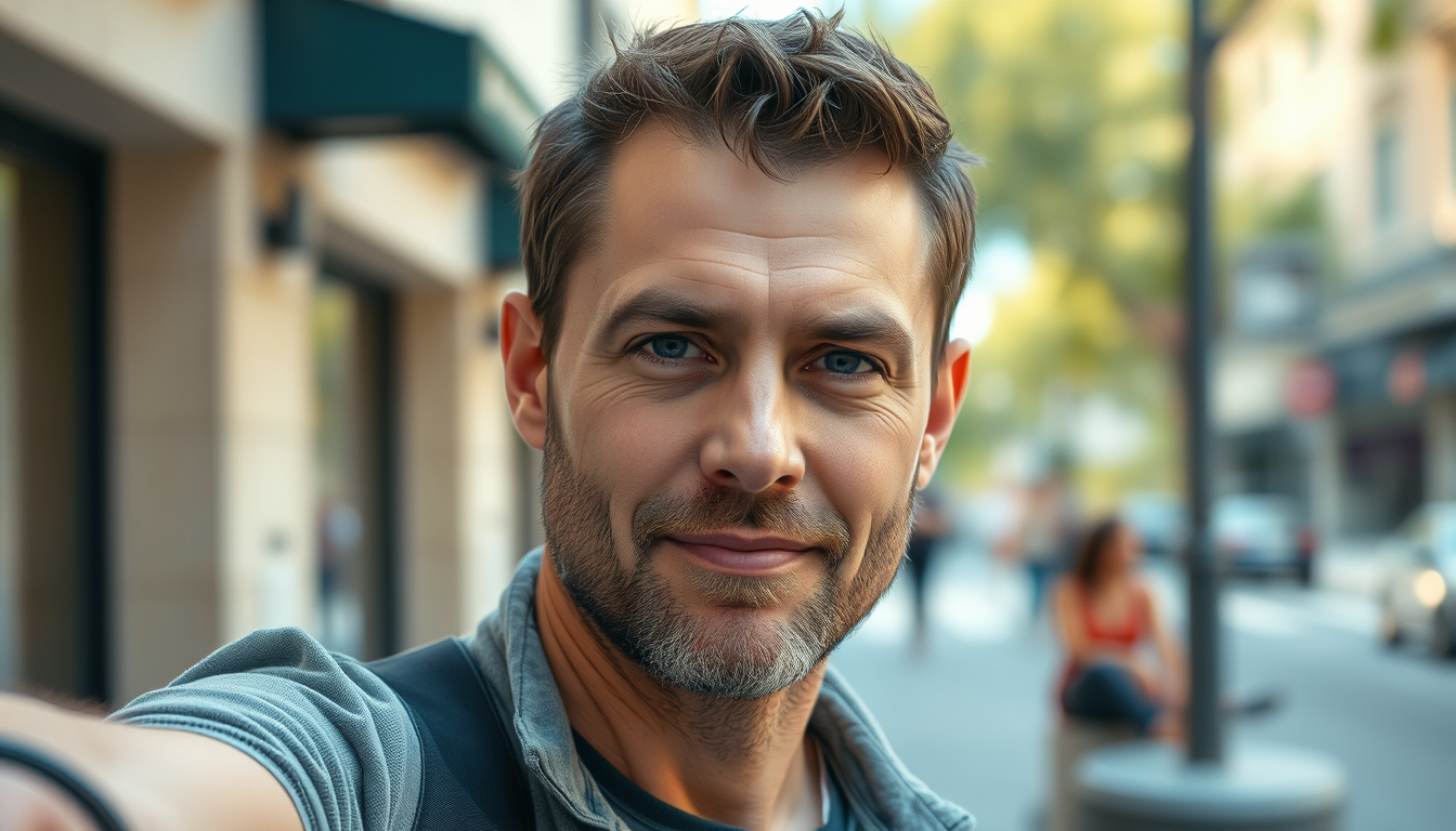 Realistic Images idea: photorealistic generated image, natural materials and skin texture, physically plausible lighting, Photorealistic 41-year-old man, dark blond/brown sh
