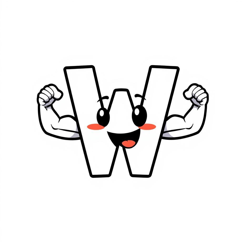 Twitch Emote idea created from the prompt: twitch emote, small bold expressive icon, thick outline, readable at tiny size, Letter "W" with 2 strong arms flexing on the side and behind