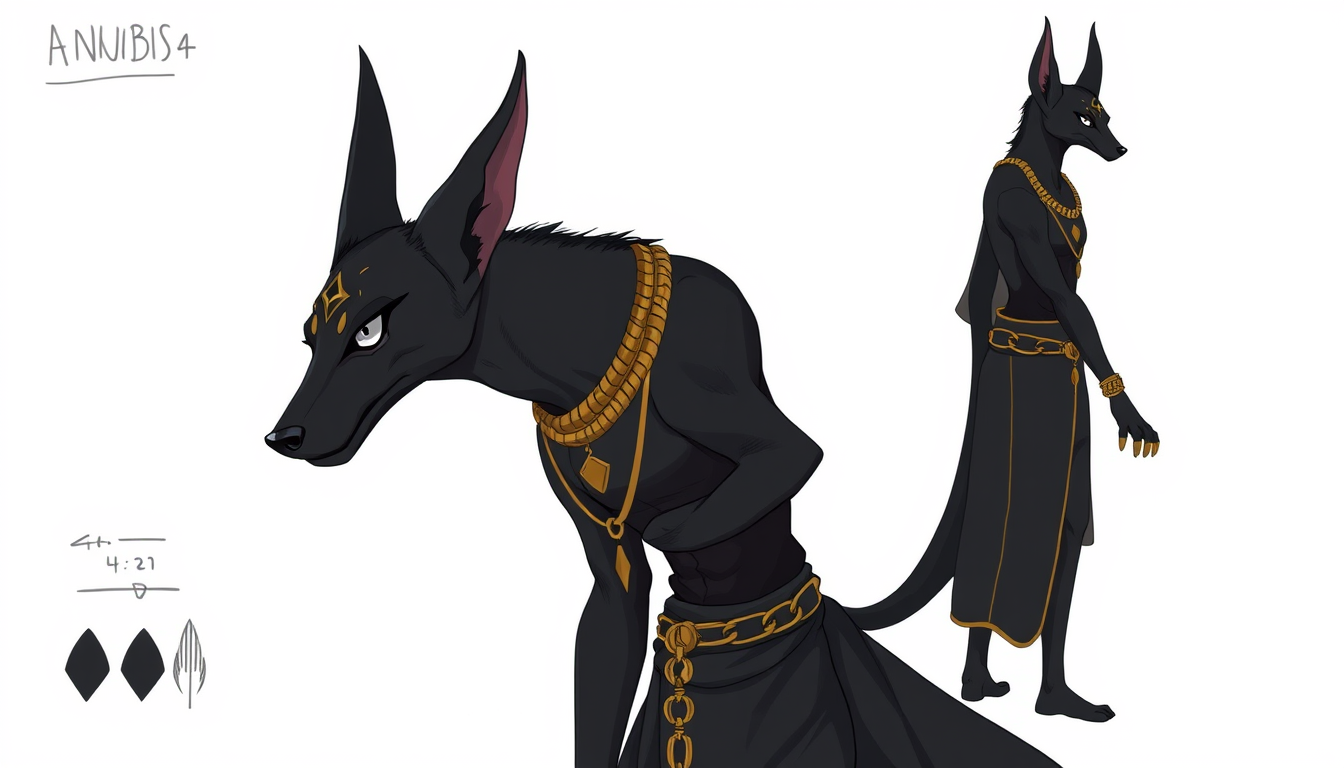 Fursona idea: fursona character, anthropomorphic animal design, expressive personality, reference sheet style, Anthropomorphic black Anubis jackal fursona, slender