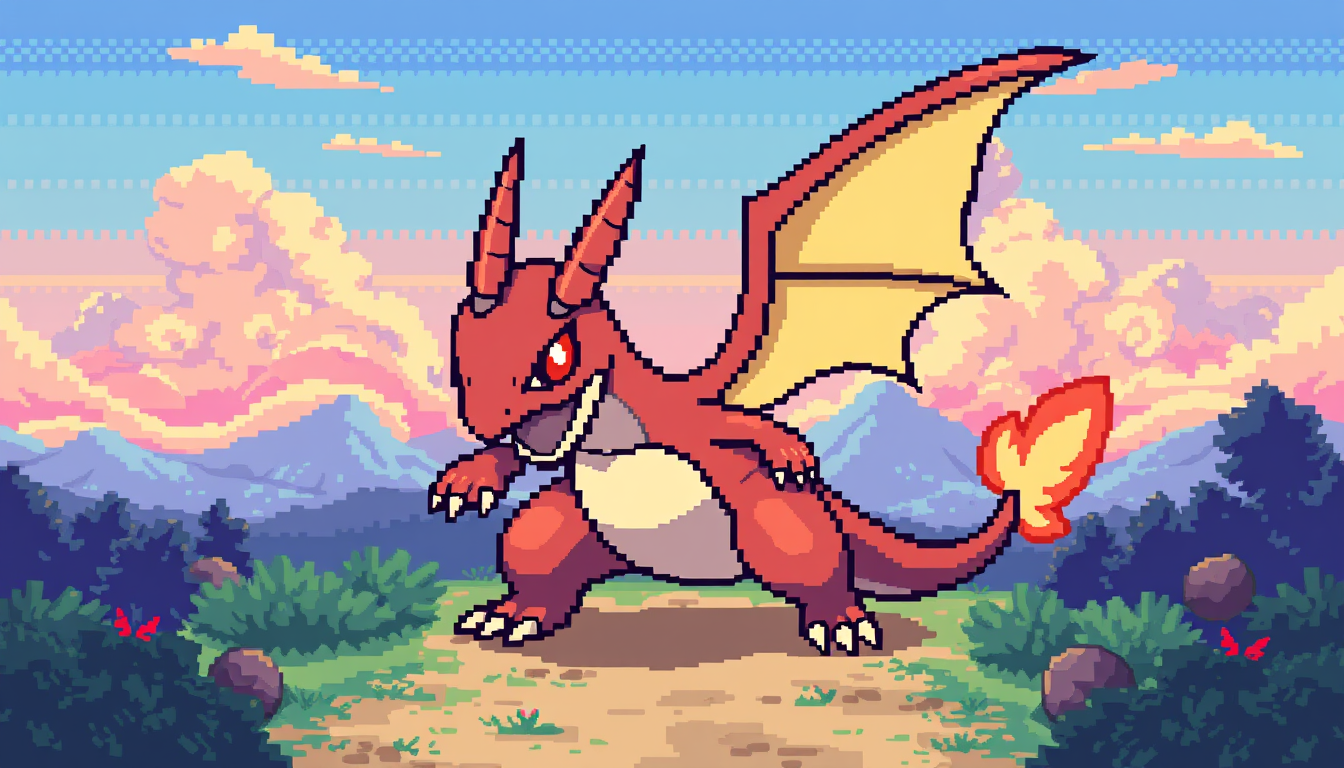 AI Pixel Art idea created from the prompt: pixel art, 32x32 sprite scale, limited palette, retro 16-bit game art, Haz un mecha un poquito agresivo, estilo pixel art pokemon, con palet