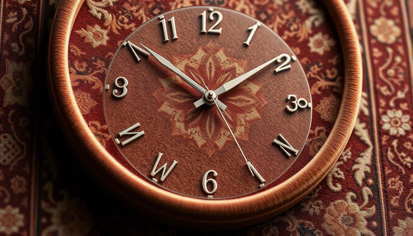 Main art studio: Transform the uploaded reference image into a luxurious handcrafted wall clock inspired by an elegant Persian carpet. Keep the exact clock shape, prop