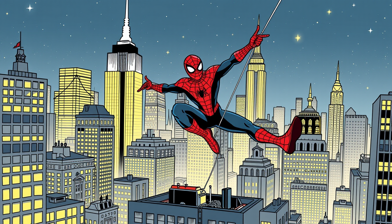 Main art studio: Spiderman Herge style carton ligne claire swinging in new york