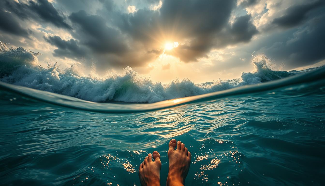 Main art studio: Half-submerged camera at the waterline during a violent ocean storm. Wide-angle view of the vast, lifelike sea with towering waves, whitecaps, sea foa