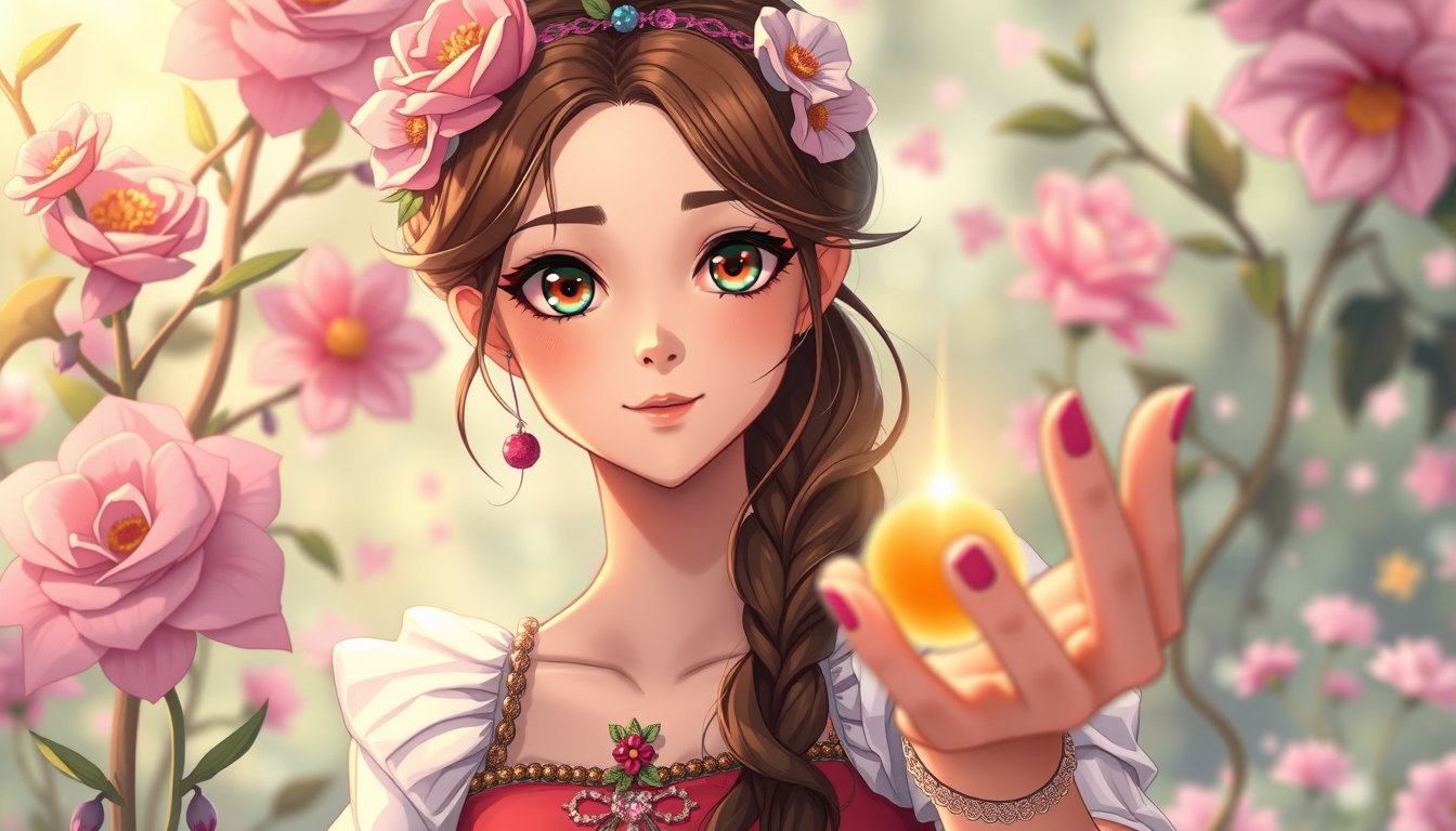 Main art studio: Blumen und magie bunt und ein mädchen mit brunen geflochtenen haaren anime steil.aus ihren händen kommt magie