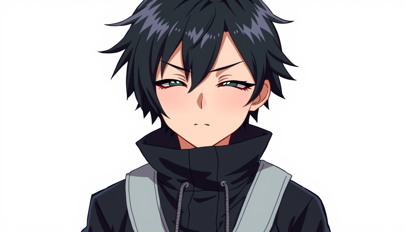 OC idea: original character art, distinctive design, anime-influenced style, expressive face, Black short hair, androgynous, close eyes, giving off an aloof vi
