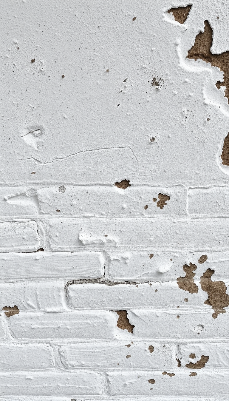 Main art studio: Eine alte weiße Wand mit rissigem Putz, mit Schimmeln und Flechten