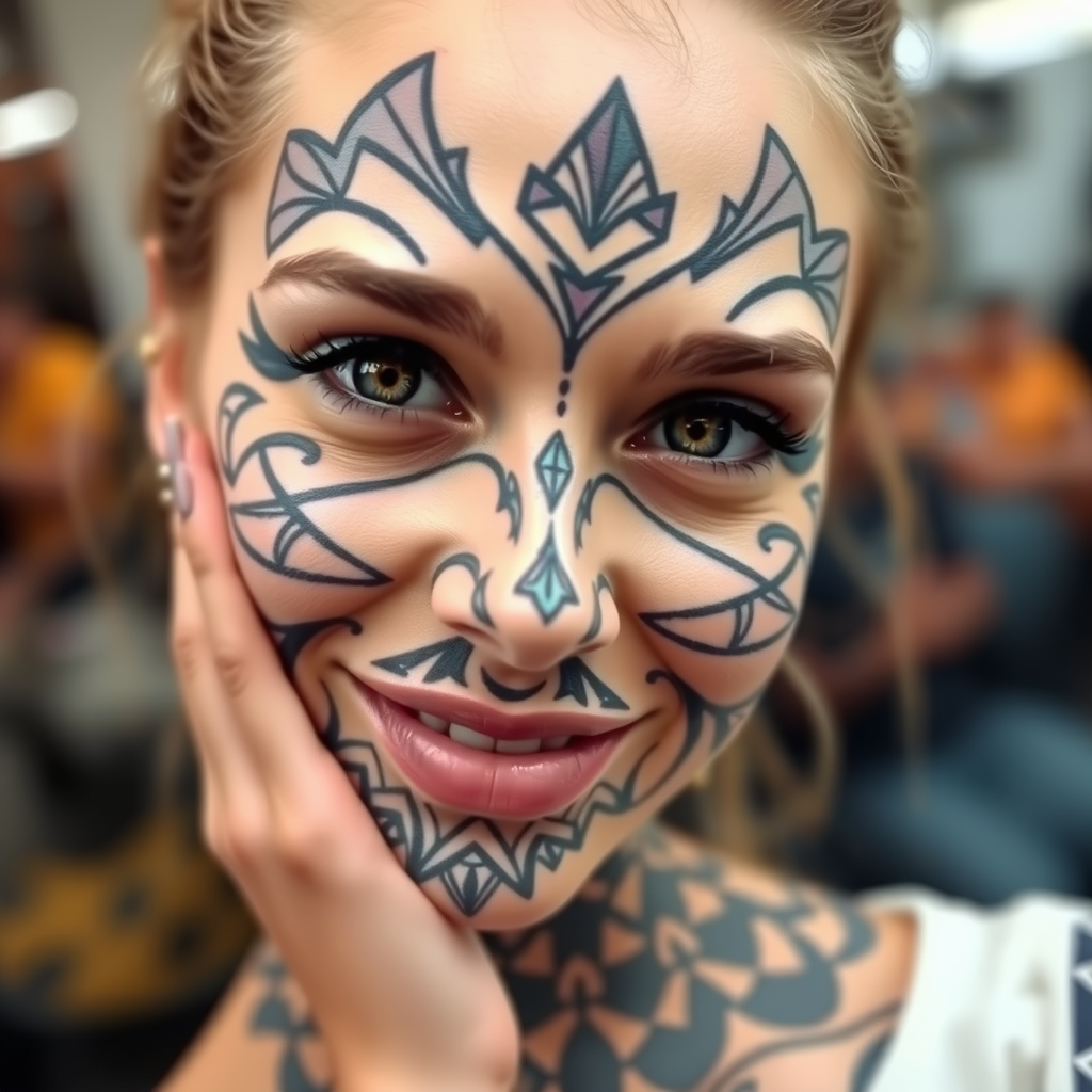Main art studio: Photo of young woman with entire face filled with a geometric pattern tattoo smiling at camera