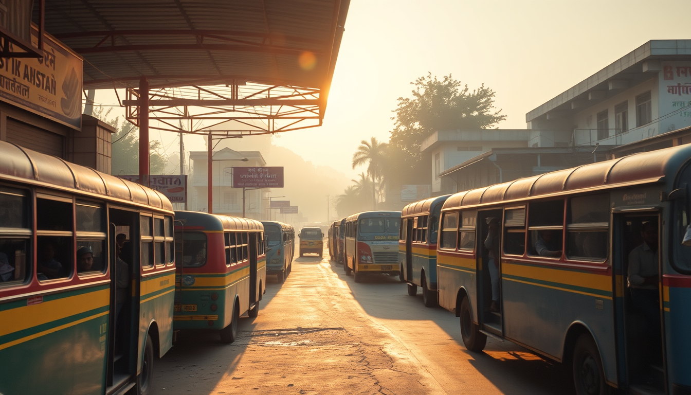 Main art studio: Prompt:Chatmohar Bus Stand, Pabna, Bangladesh, colorful local buses, passengers, roadside shops, busy atmosphere, golden morning light, ultra realisti