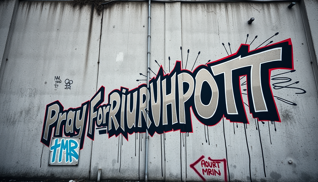 AI Art prompt example created from the prompt: Do a photrealistic photo of a "Pray For Ruhrpott" bombing graffity in a berlin black crome bomber style like TMR or BC crew make it big on a