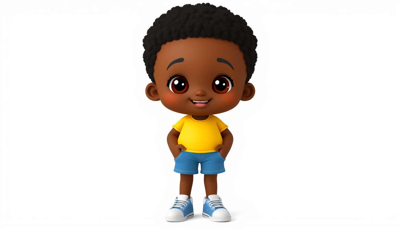 Main art studio: Cute 4-year-old African boy, dark brown skin, big warm brown eyes, short black curly hair, round friendly face, wide happy smile. Wearing a bright yel
