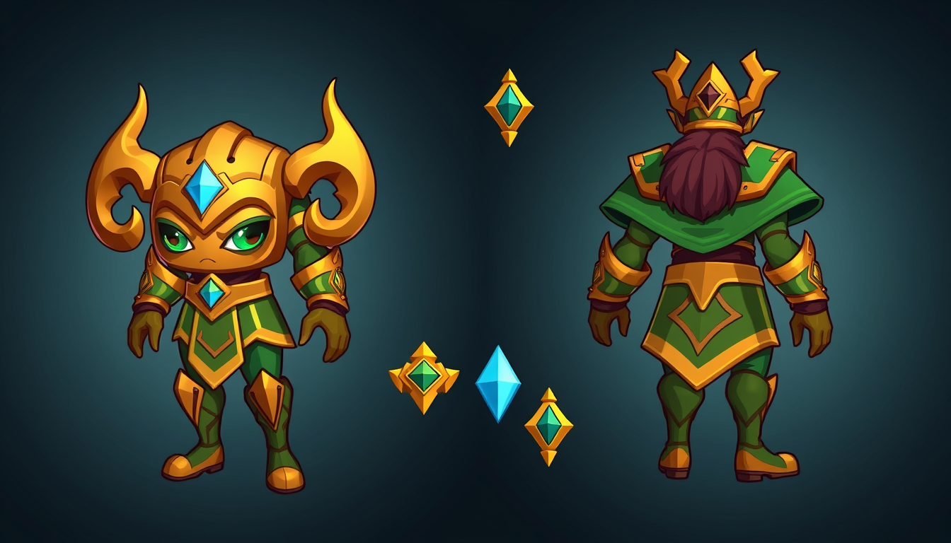 Main art studio: Skin de sirius de brawl stars de sirius con un casco dorado que tiene dos cuernos curvados , una capa verde ,el traje es dorado y sirius con aspecto d