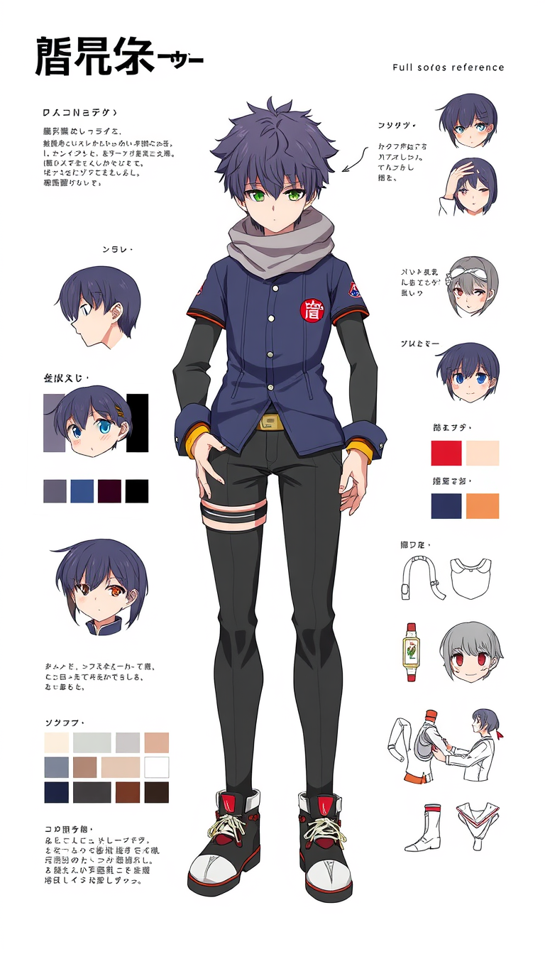 Character Sheet idea: a visual character reference sheet with a dominant full-body view, controlled details, palette swatches, and supporting expressions or accessories, de