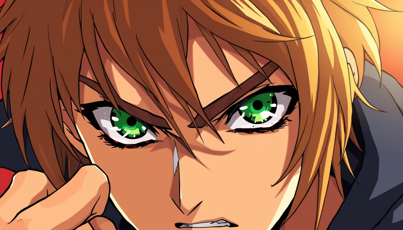 Anime idea: anime style, vibrant colors, expressive eyes, tan, dirty blonde/ brown hair who looks mysterious and intimidating with green eyes and not that close u