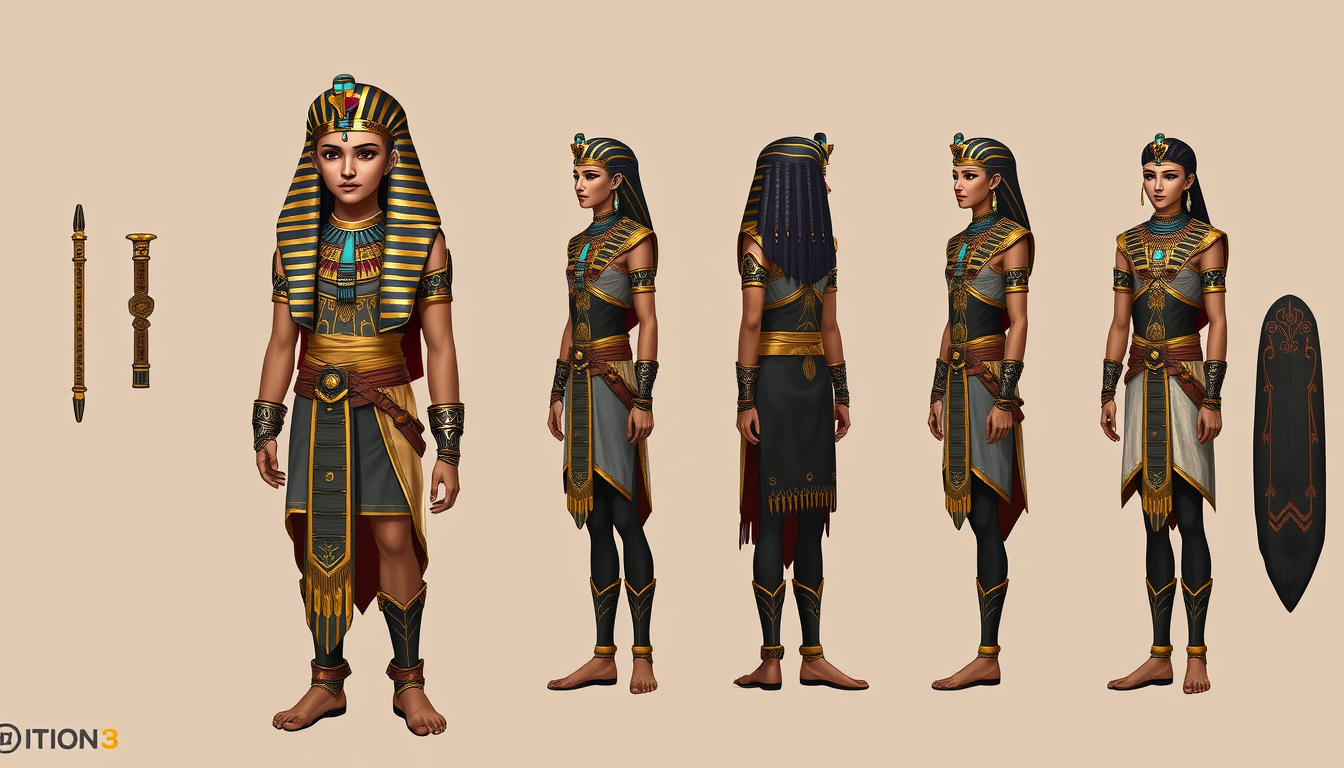 Main art studio: Create an original Egyptian-inspired video game character design based on the most preferred features and concepts identified in the survey results. F