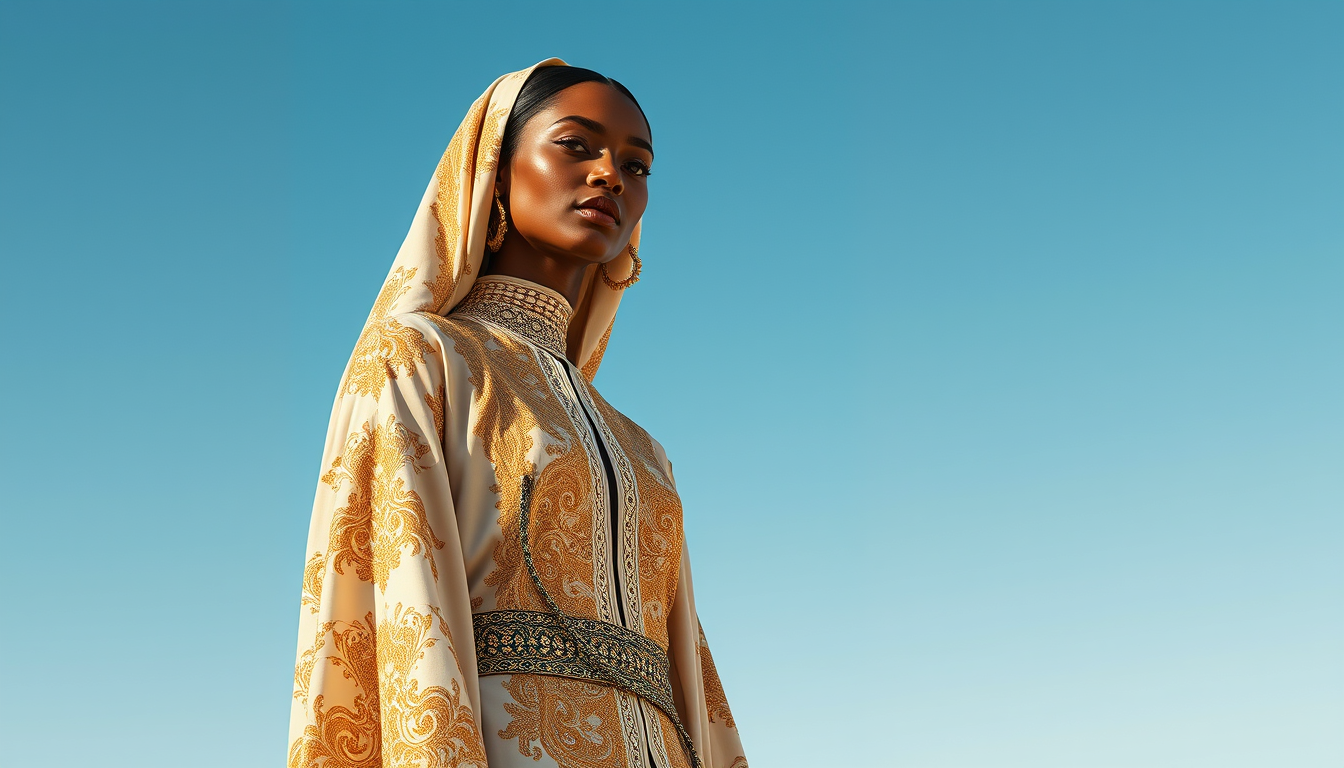 Main art studio: A high-end editorial fashion campaign poster for a luxury collection. The designs are a groundbreaking fusion of traditional Moroccan Haute Couture an