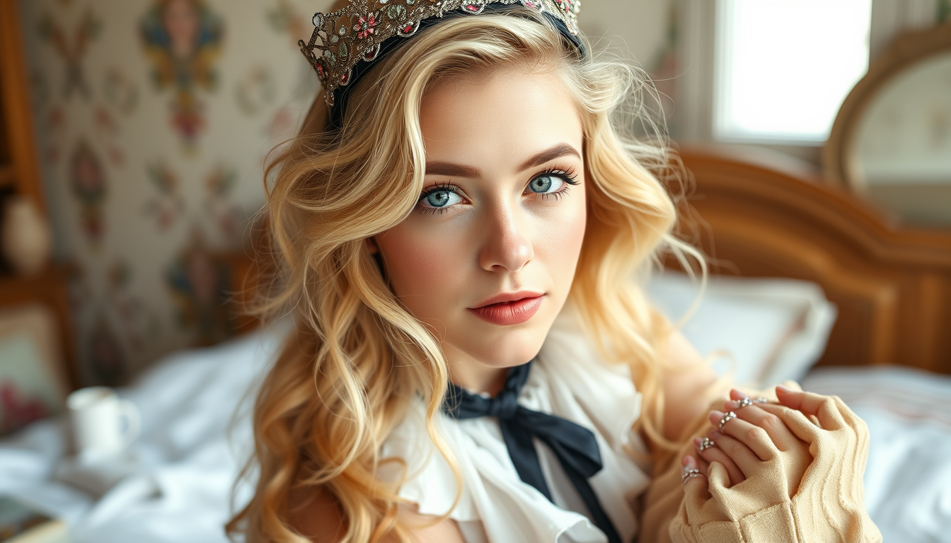 Main art studio: Une femme de l'époque blonde très claire et sa peau de la mm couleur que ses cheveux yeux bleus un duvet rose . une femme rêveuse , naïve et spontané 