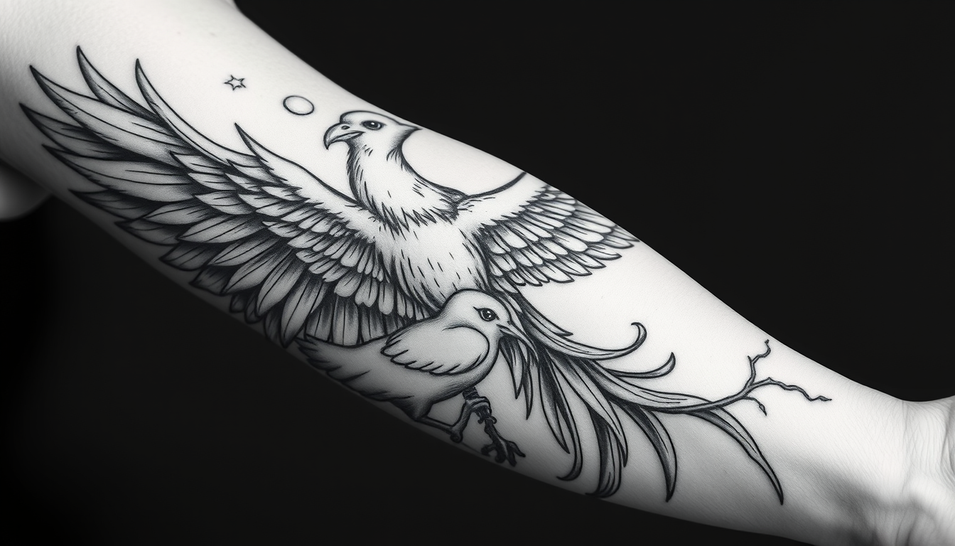 Main art studio: Create an extremely detailed, meaningful black-and-grey tattoo design for a masculine half sleeve, covering the upper arm down to just below the elbow