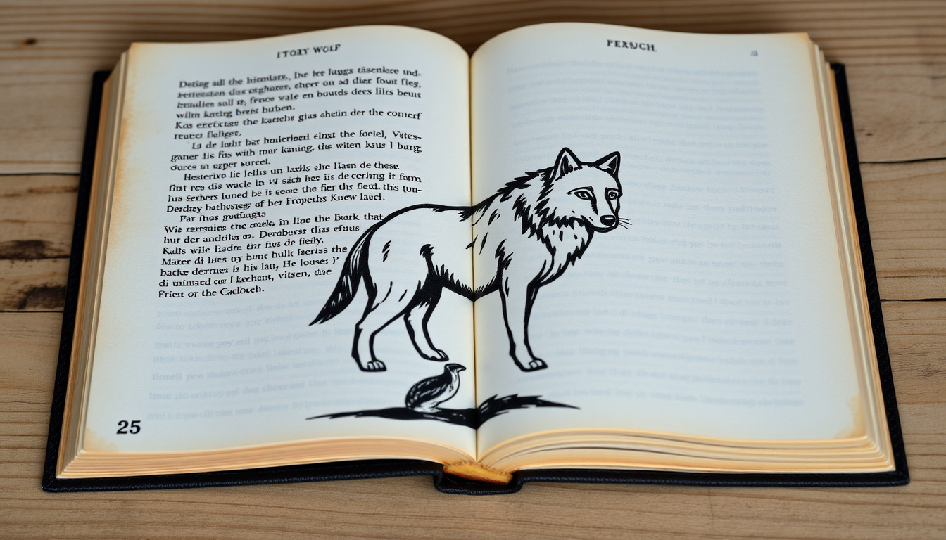 Main art studio: Ein aufgeschlagenes Buch mit einem kleinen Wolf unten von der Buchseite. Echt