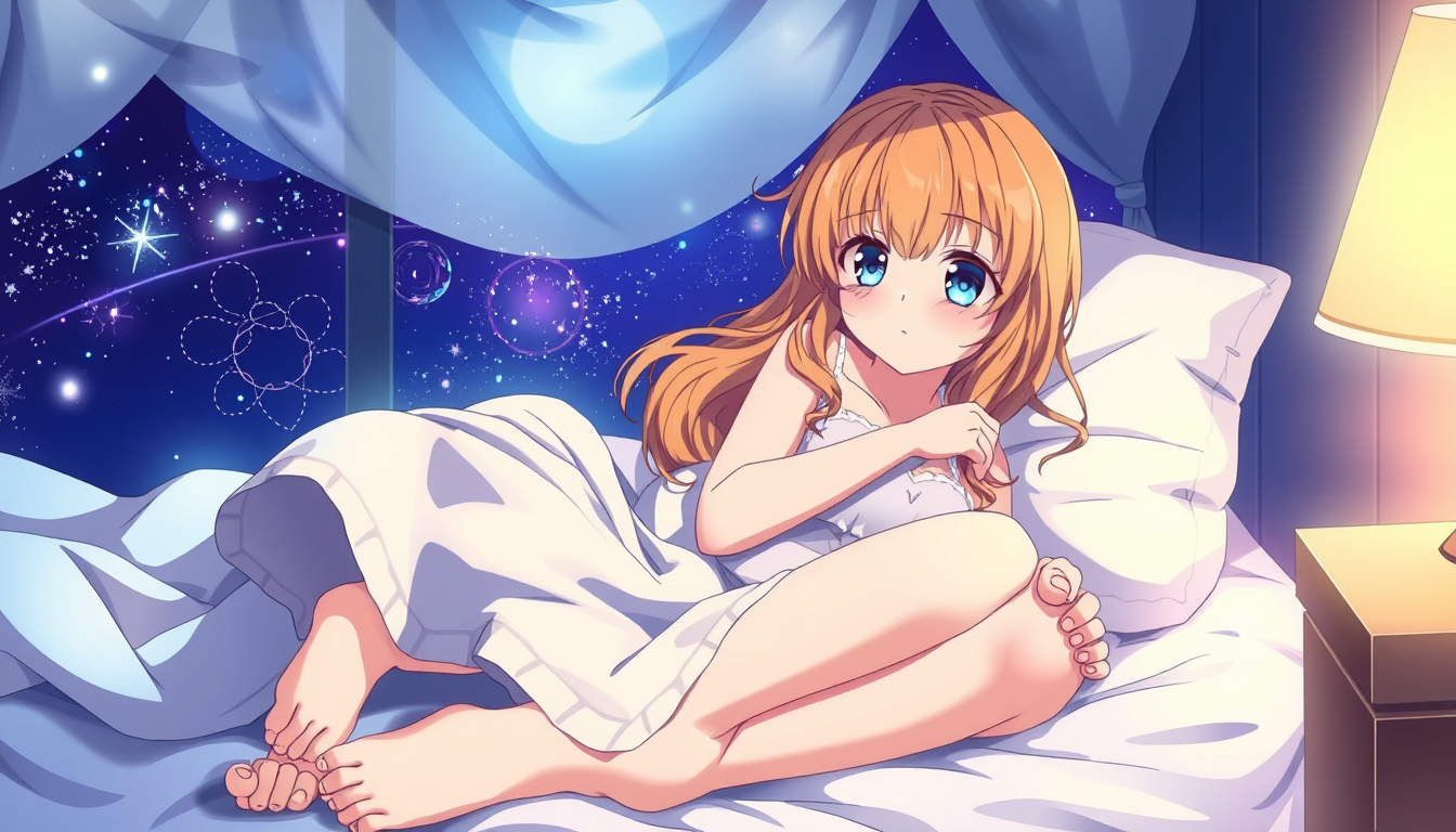 Anime idea: anime style, vibrant colors, expressive eyes, Animer fille allonger dans le lit entrain de dormire pieds nus , detailed anime illustration