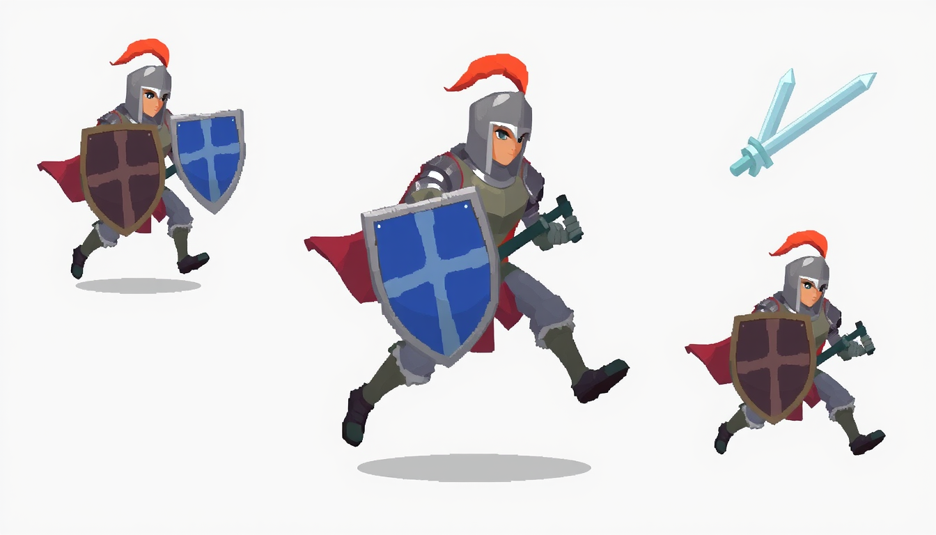 Game Asset idea: 2D game asset, clean isolated object, consistent art style, un chevalier simple en pixel art, qui peut avoir des mouvements, saut, marche, combat , ga