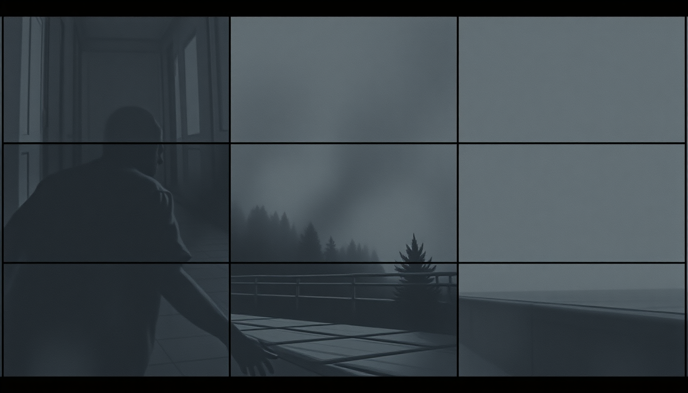 Storyboard idea: storyboard panels, cinematic shot sequence, clear camera angles, grayscale sketch layout, readable scene flow, Create a haunting, cinematic music vide