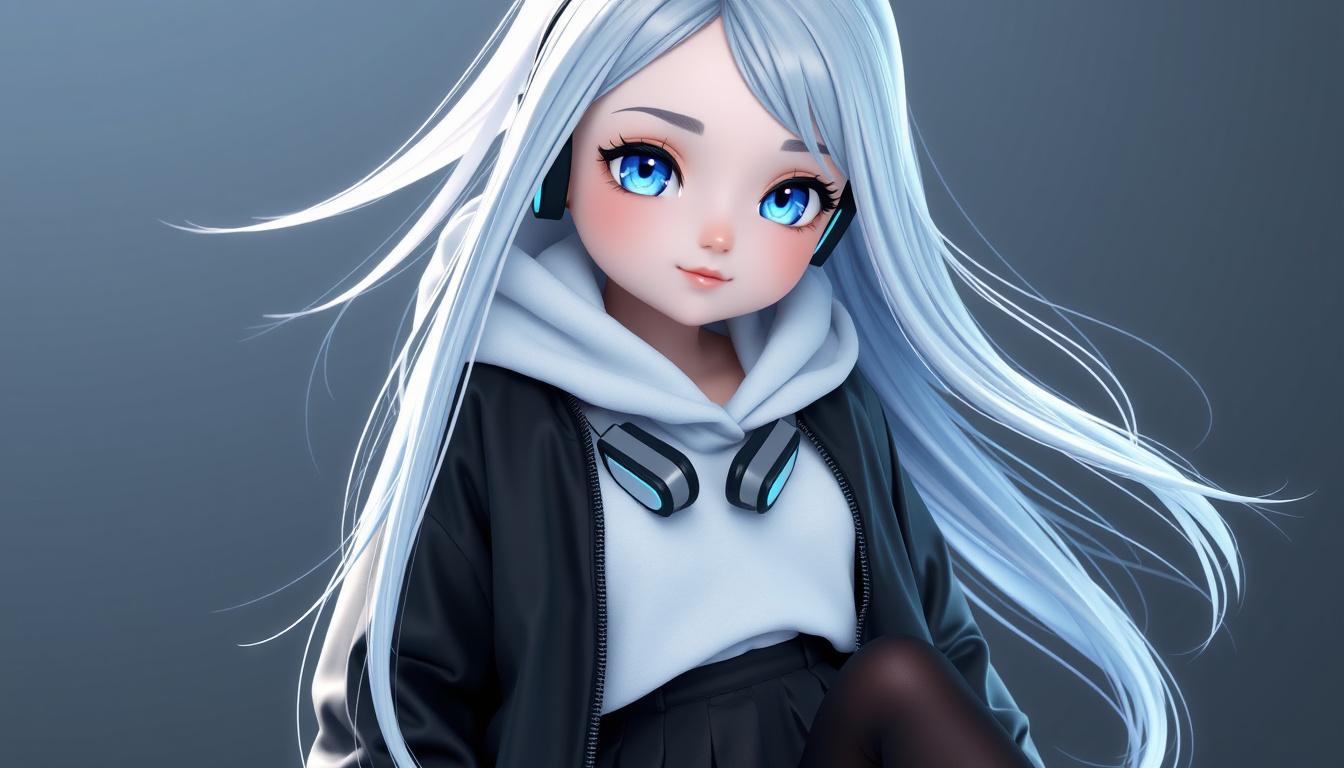 Main art studio: A beautiful 3D cgi girl with long, silky silver hair that gently fades into light blue at the tips. Her large crystal-blue eyes are bright and express