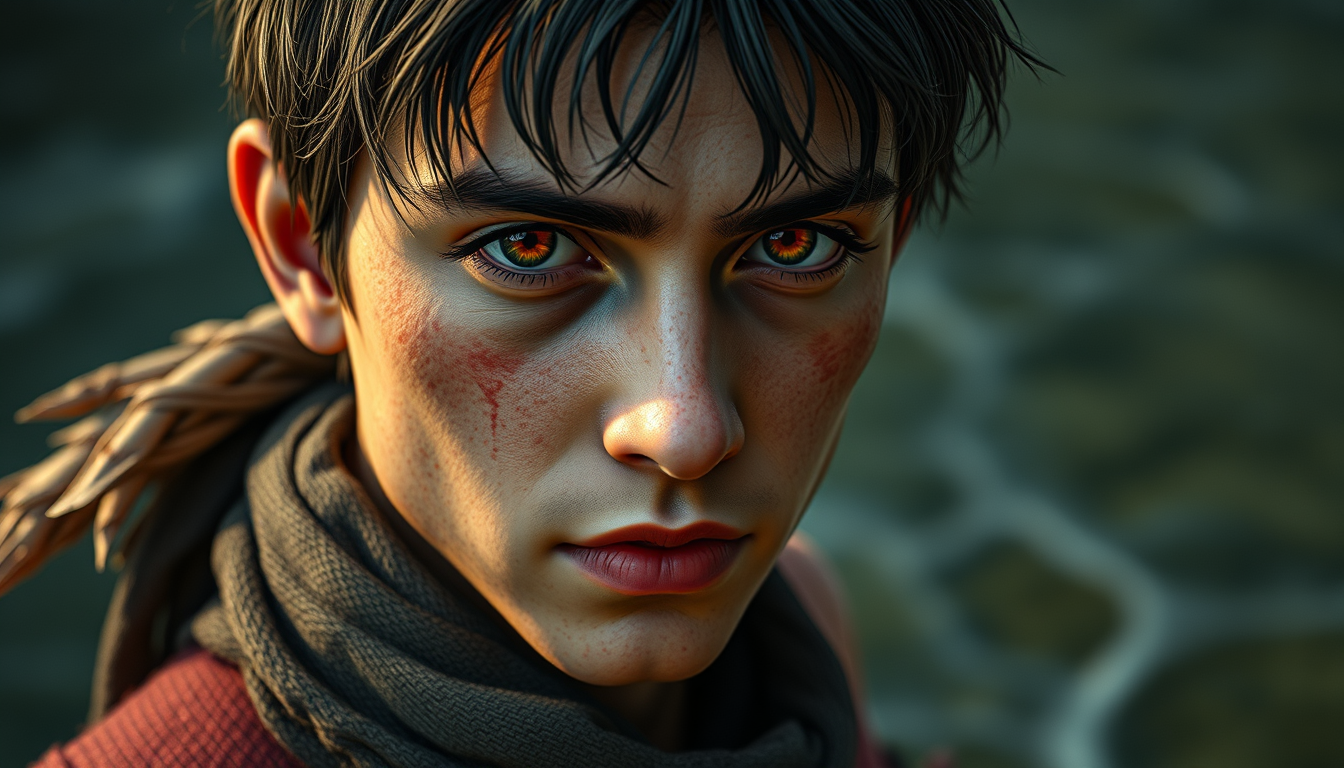 Realistic Images idea: photorealistic generated image, natural materials and skin texture, physically plausible lighting, Liam garoto de cabelo branco olhos roxos fortes e i
