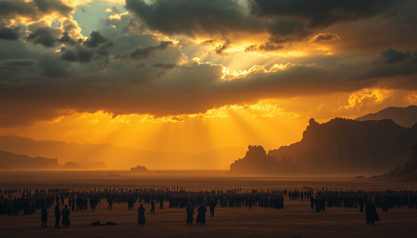 Main art studio: Cinematic Islamic Day of Judgment scene in a vast empty plain surrounded by distant rocky mountains. Countless people stand scattered across the land,