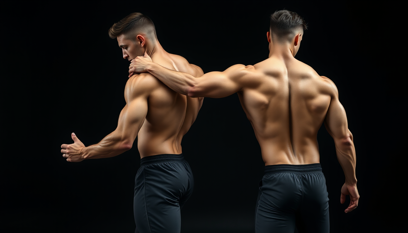 Main art studio: Fotografía hiperrealista de dos hombres adultos, culturistas con glúteos grandes y musculatura muy desarrollada. Vista lateral perfecta (90°). Ambos e