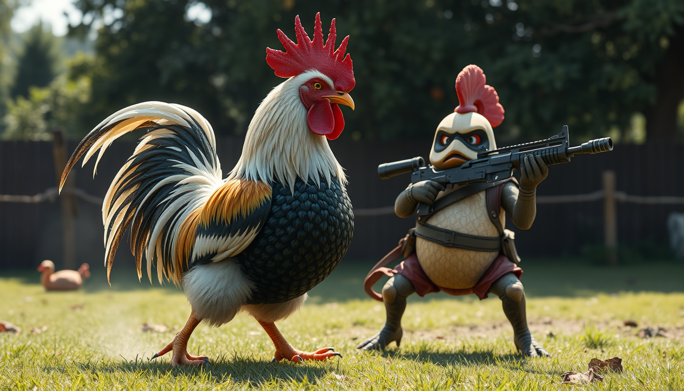 Main art studio: me podes hacer una imagen que pelea un gallo con super´poderes y un chancho gordo con armas