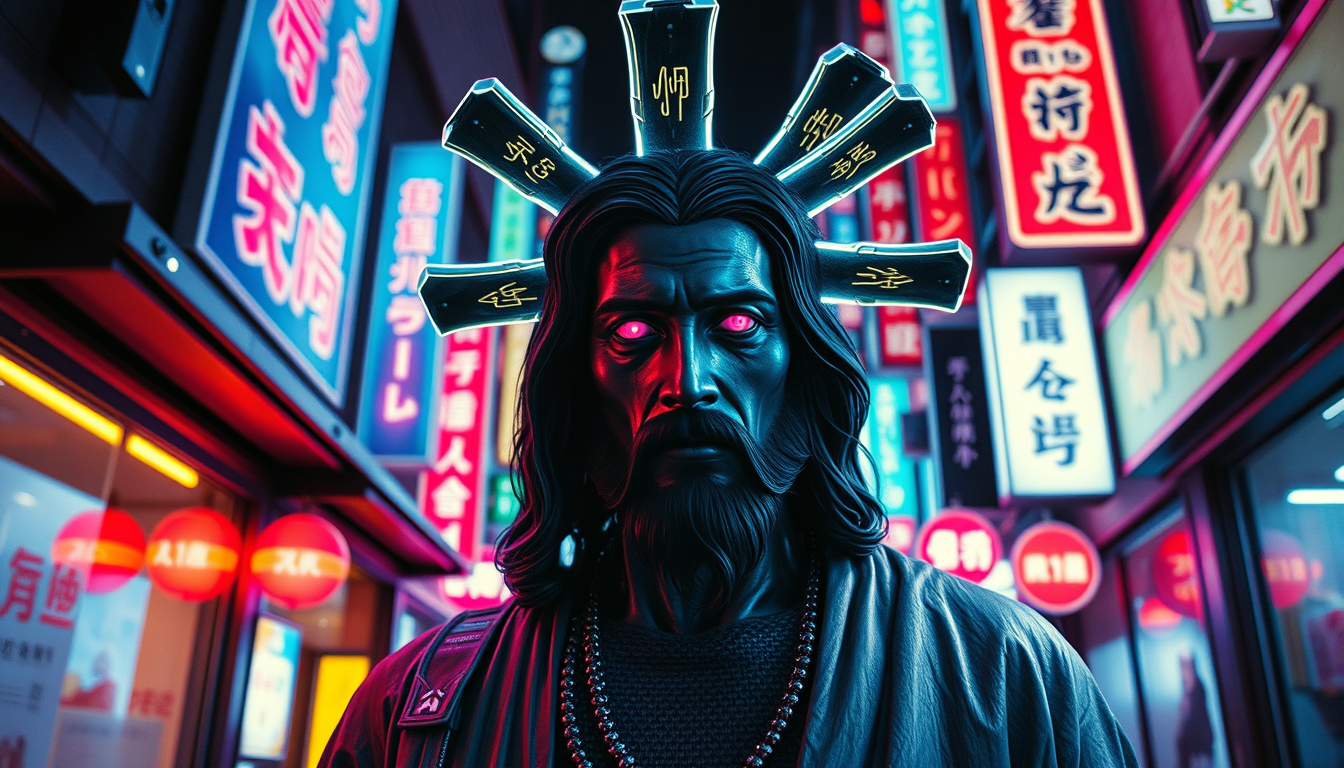 AI Art prompt example created from the prompt: cyberpunk jesus in neon-soaked Tokyo alley, 4k, cinematic