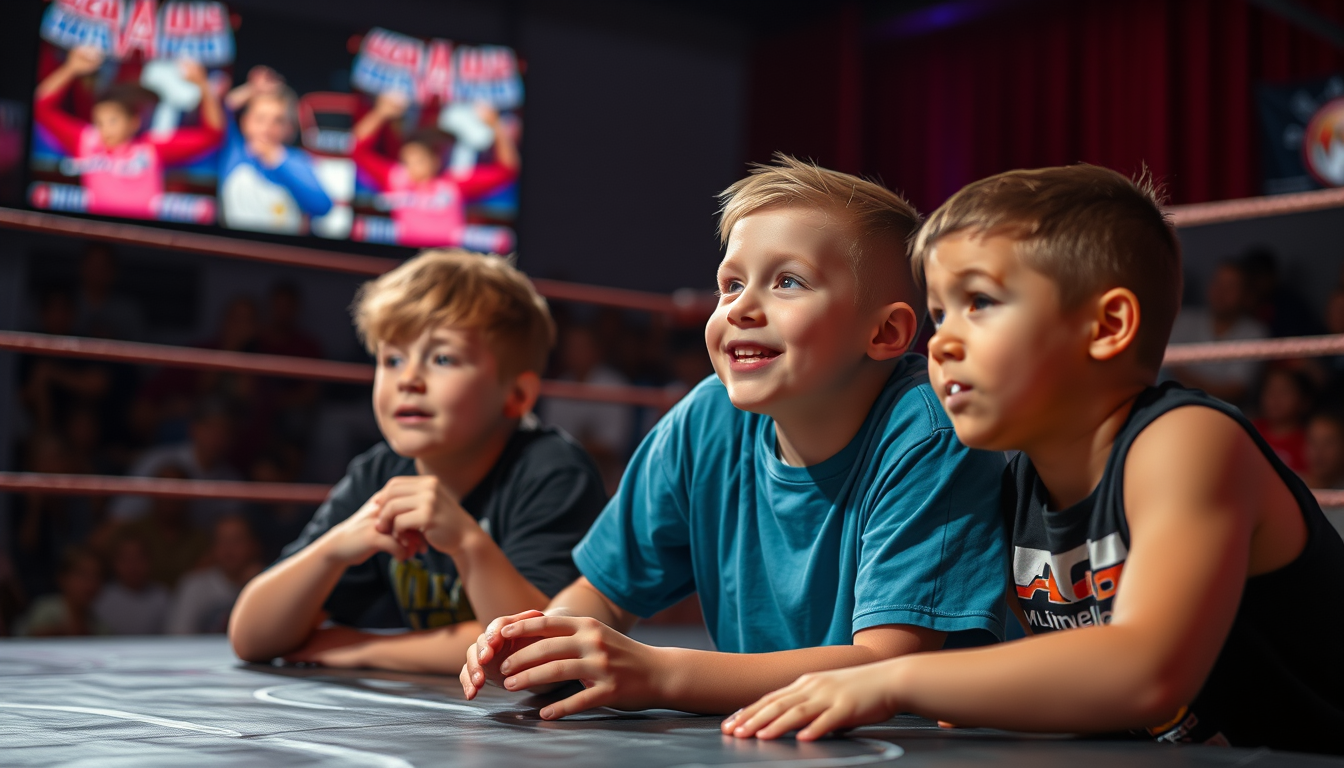 Main art studio: 3 boys watching wrestling