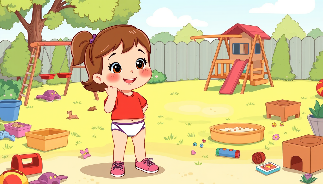 Main art studio: Cartoon image of a 4 year old girl with brown hair, red shirt, white and purple underwear briefs, and pink shoes blushing and smiling in her backyard