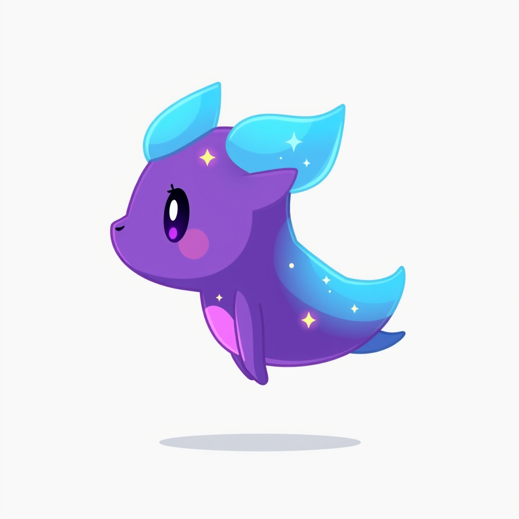 Main art studio: 2D side-view game character, facing right, simple cartoon style, calm friendly face, purple and blue cosmic energy body, small stars inside, glowing e